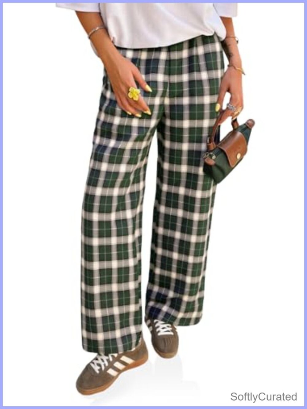 Womens Wide Leg Palazzo Pants Elastic Waist Plaid High Rise Trousers with